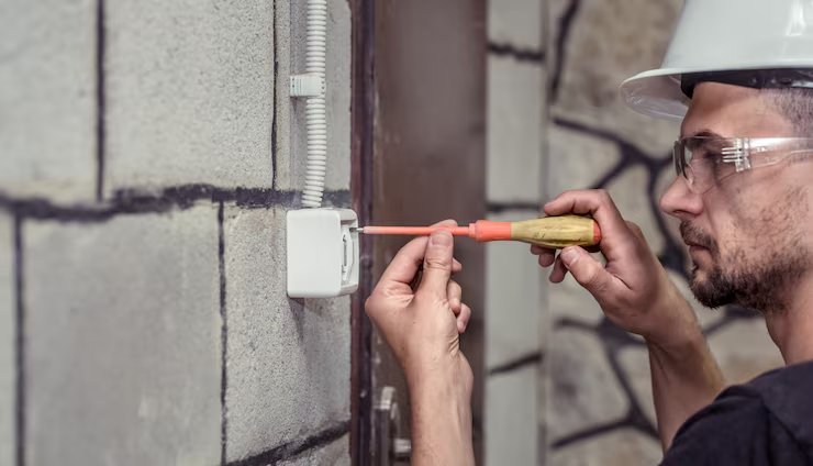 Electrician fastening a new wall outlet box with a screwdriver