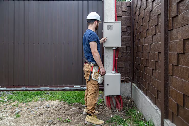 Electrician inspecting outdoor electrical enclosures mounted beside a gate